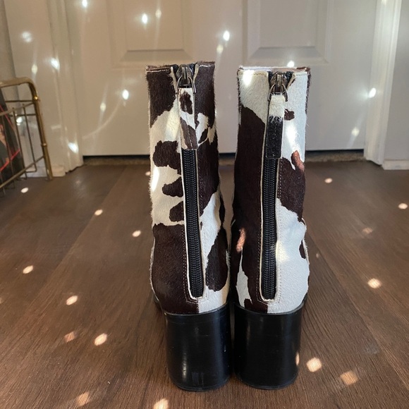 Cow Print Hair Square Toe Chunky Heel Boots - Picture 4 of 4